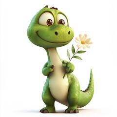 Fototapeta premium A friendly cartoon dinosaur holding a flower on a white background
