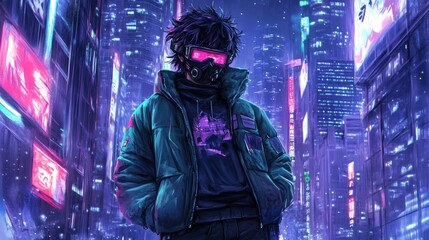 Obraz premium A futuristic character stands in a neon-lit cityscape, embodying a cyberpunk aesthetic.