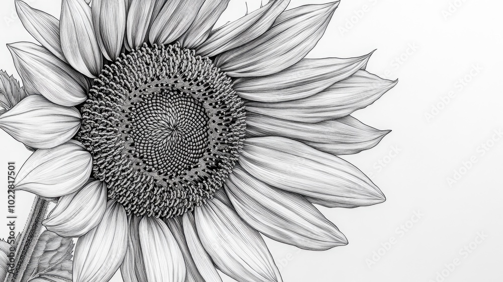 Poster black and white graphics of a sunflower featuring both flat and realistic drawings close up isolated