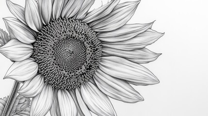 Black and white graphics of a sunflower featuring both flat and realistic drawings Close up isolated on white background showcasing seeds and petals in detailed line art
