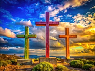 Three Crosses Clip Art Symbolizing Faith, Sacrifice, and Redemption in Religious Contexts and Designs
