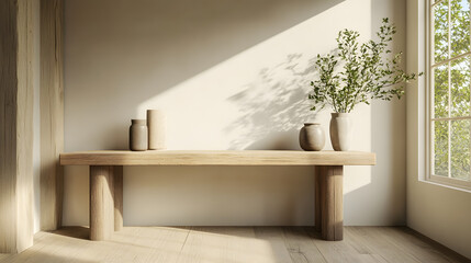 Minimalist Interior Design with Wooden Table and Natural Light