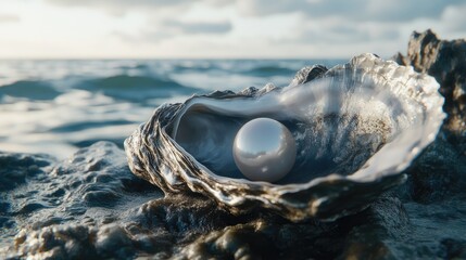 Close-Up of Pearl in Oyster on Rocky Shore