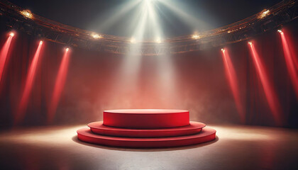 A spotlight illuminates a red circular stage in a dimly lit theater during a performance setup