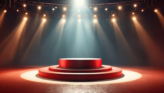 Illuminated stage featuring red circular platform under bright lights in a performance venue during evening hours