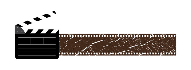 Clapper board, vintage 35mm film reel vector design isolated on white. Filmstrip movie production icon illustration to use for motion picture, entertainment, cinema, film project.