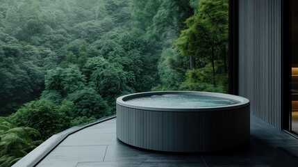 Modern outdoor circular hot tub on a terrace overlooking a lush green forest landscape with misty foliage and dense trees