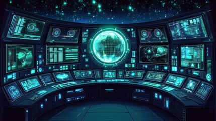 Obraz premium A futuristic control room with screens and a glowing globe, suggesting monitoring or navigation.