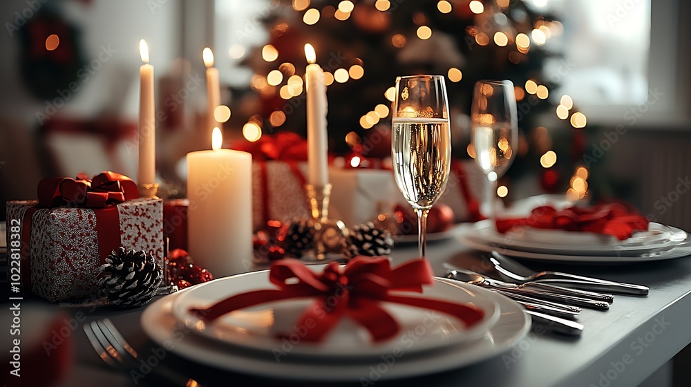 Aufkleber fine christmas table with white plates and silverware : generative ai