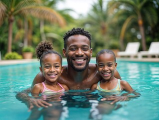 Happy african-american black father with kids smiling in a pool