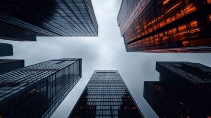 Skyward view of modern skyscrapers with glass facades against a cloudy sky, featuring reflections and warm interior lights visible through windows.