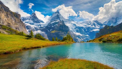 Obraz premium The Majestic Swiss Alps With Towering Snow-Capped Peaks, Alpine Meadows, and Crystal-Clear Mountain Lakes, Creating an Idyllic Natural Setting for Outdoor Adventures