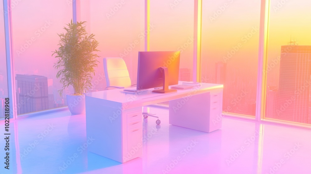 Canvas Prints A modern office space with a computer and plant, bathed in pastel sunset colors.