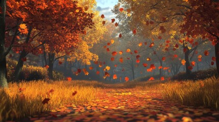 Fototapeta premium Lively 3D wallpaper of a forest in autumn with vibrant orange, red, and yellow leaves falling gently. No logos or people.