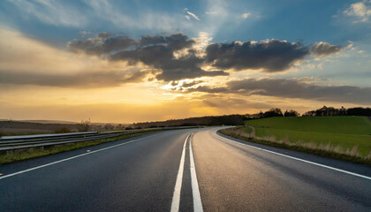 Naklejka premium Scenic winding road during sunset with dramatic cloud formations and lush fields in the background