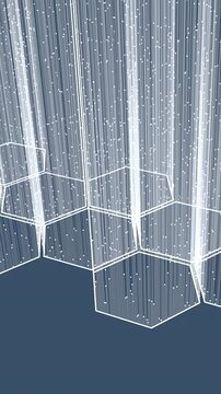 An Abstract Hexagonal Grid enhanced by Vertical Light Beams creates a striking atmosphere