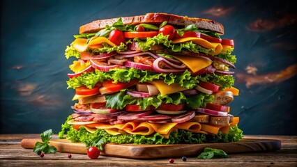Towering sandwich filled with layers of meats, cheeses, vegetables, and condiments on a plate
