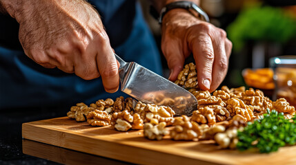 Close-up of hands chopping walnuts on a wooden cutting board.