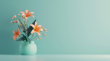 Orange Lilies in a Blue Vase on a Turquoise Background