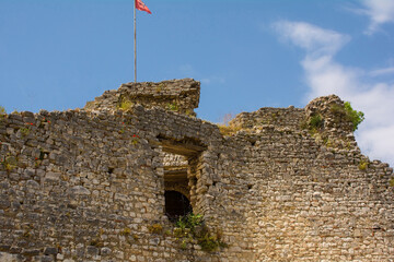 Part of the fortified walls of the 13th century Citadel within Berat Castle, southern Albania. A blend of Byzantine, Ottoman and medieval Albanian architectural influences. Located on Kalaja Hill