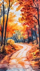 Fototapeta premium Watercolor artwork of a picturesque autumn scene with colorful foliage.