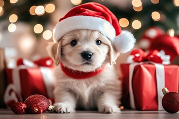 A cute puppy wearing a Santa hat or festive scarf : Generative AI