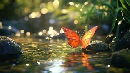 Butterfly resting on rock near a stream.