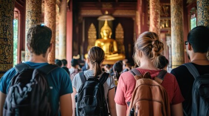 Visitors Admiring Buddha Statue in Cultural Temple Setting