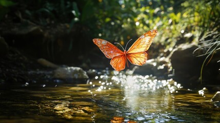 Orange butterfly flying over a stream.
