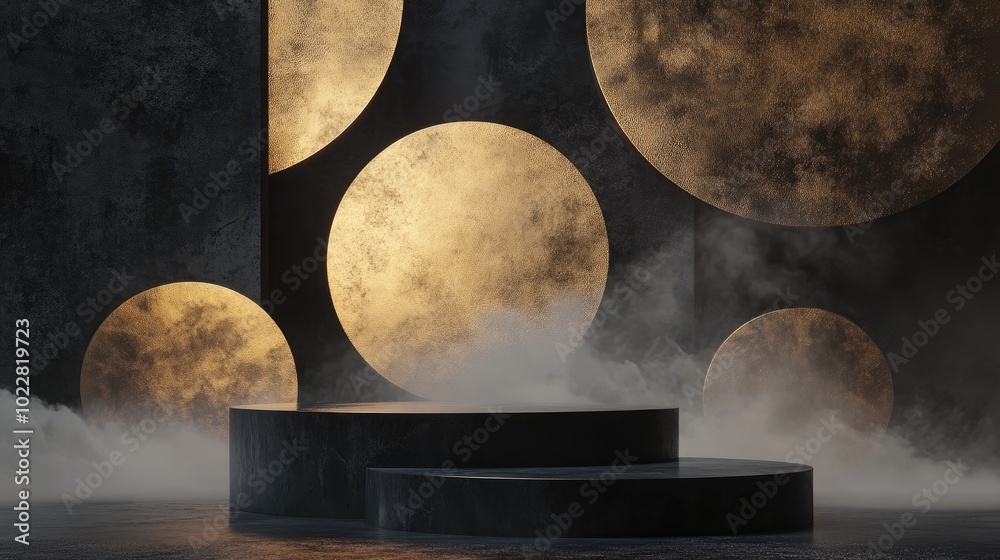 Poster 3d abstract studio space featuring a pedestal podium black geometric platform accented with golden c