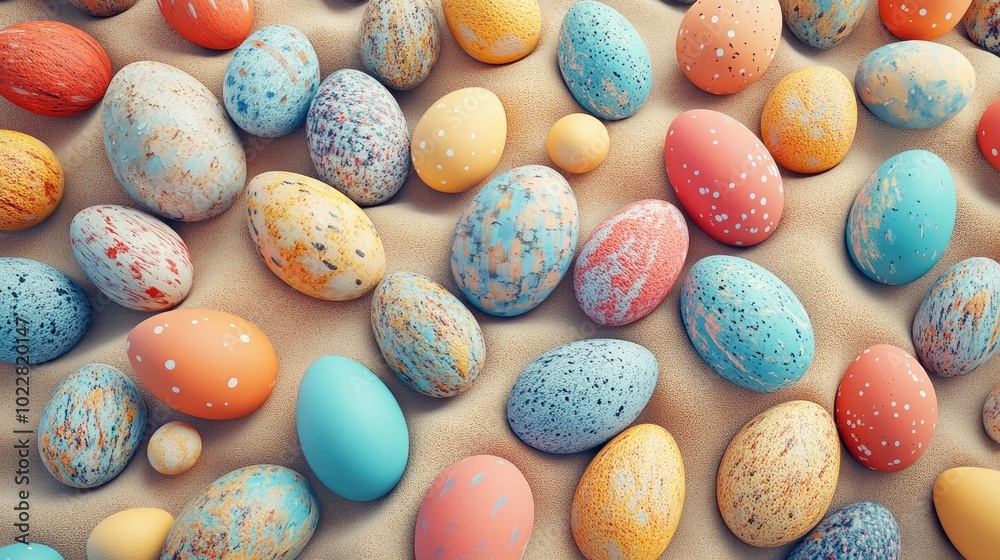 Poster A vibrant assortment of colorful eggs against a textured sandy background Top down perspective vertical view 3D rendering illustration