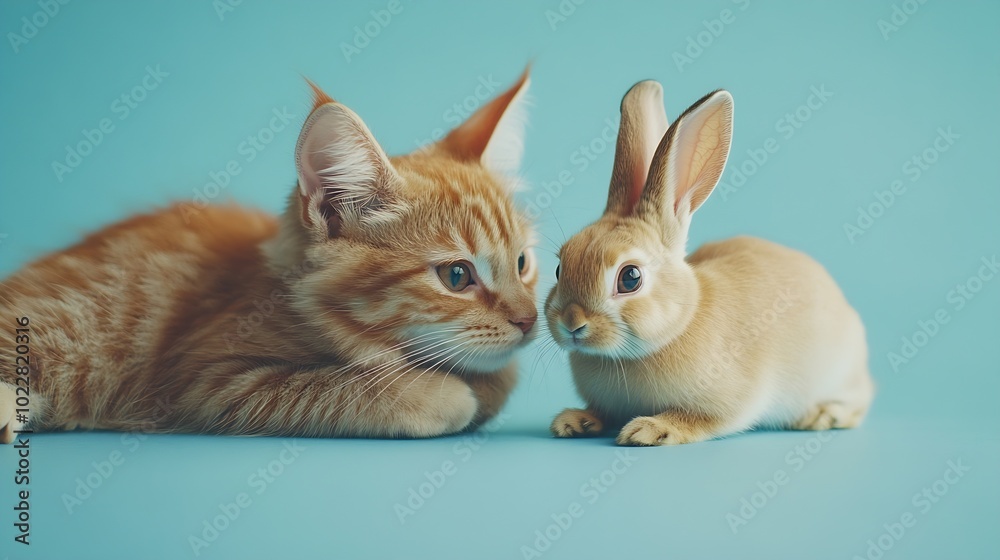 Poster ginger cat and rabbit playing together happy red pets isolated on blue : generative ai