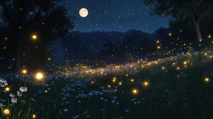 Lively 3D wallpaper of glowing fireflies in a moonlit meadow, creating an enchanting atmosphere. No logos or people.