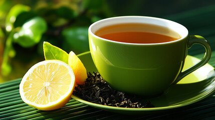 A cup of tea with lemon slices on a green saucer.