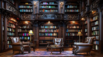 Naklejka premium Elegant Library Interior with Bookshelves Leather Armchairs and Table Lamp