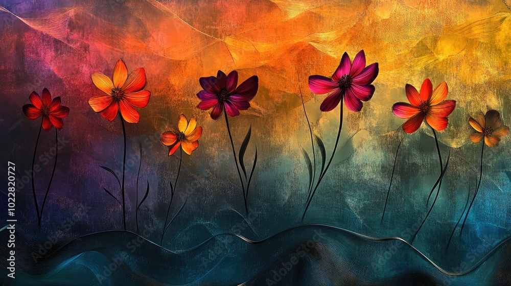 Poster artistic depiction of flowers on wavy stems featuring a vibrant and textured background with fluid w