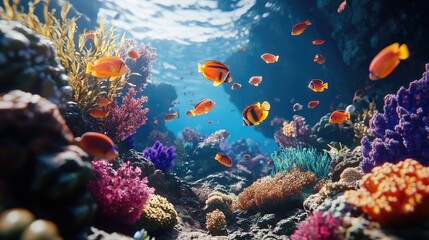 Naklejka premium Lively 3D wallpaper of tropical fish swimming through a colorful coral reef, with dynamic lighting and depth. No logos or people.