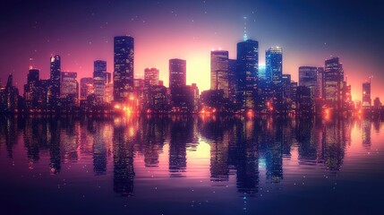 Fototapeta premium Realistic 3D wallpaper of a city skyline at night with glowing lights and reflections in the water, creating an urban vibe. No logos or people.