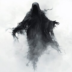 Fototapeta premium A ghostly figure with a hood and tattered robes, soaring through the sky, on a white background