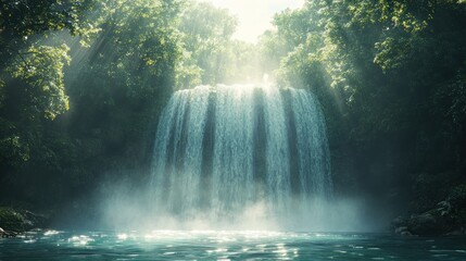 Serene waterfall surrounded by lush greenery and soft sunlight.