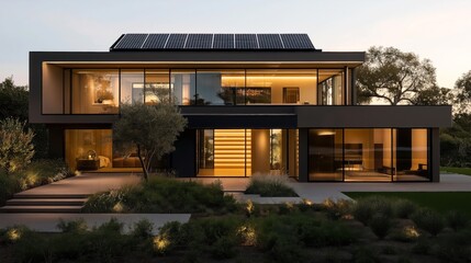 Fototapeta premium Modern two-story house with floor-to-ceiling windows, solar panels on the roof, and landscaped garden at dusk.
