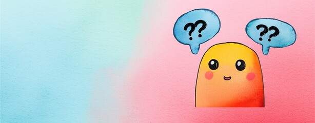 A cute, colorful character with a questioning expression, surrounded by pastel colors and speech bubbles featuring question marks.