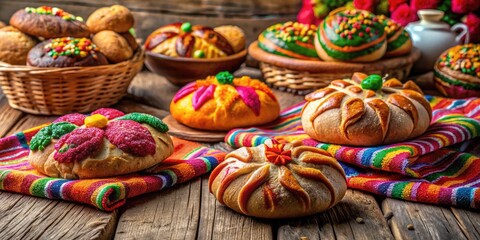 Traditional Mexican Bread with Colorful Decorations on a Rustic Wooden Table Ready for Enjoyment