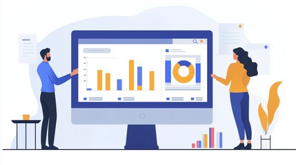 A business owner and marketer collaborating on report My Business listing update with SEO graphs and analytics