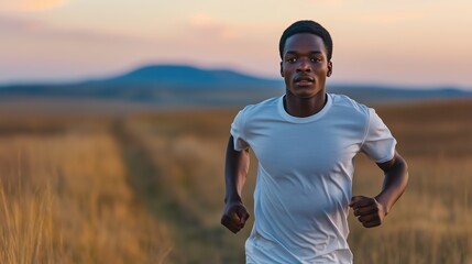 Fototapeta premium In a breathtaking natural setting, a young Black man races ahead along a dirt path, illuminated by the warm glow of the setting sun, exuding energy and focus