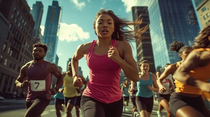 A diverse crowd races energetically in an urban marathon, showcasing unity and competition against a backdrop of skyscrapers under bright blue skies