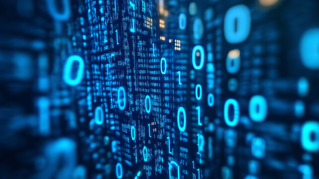 Abstract blue digital background with binary code and glowing numbers.