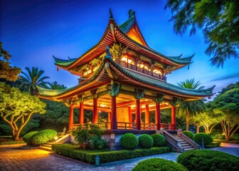 Fototapeta premium Traditional Wikiup Structure Surrounded by Lush Greenery Under a Clear Blue Sky in Nature Setting