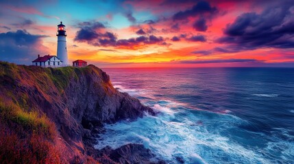 Lighthouse on a cliff with dramatic sunset.