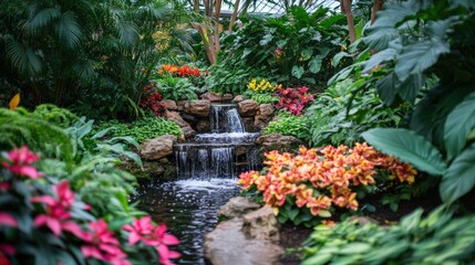 A cascading waterfall in a lush tropical garden.